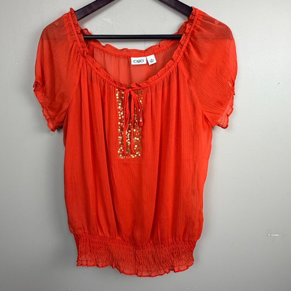 CATO Womens Orange Red Sequin Smocked Hem Chiffon Blouse Top Size M